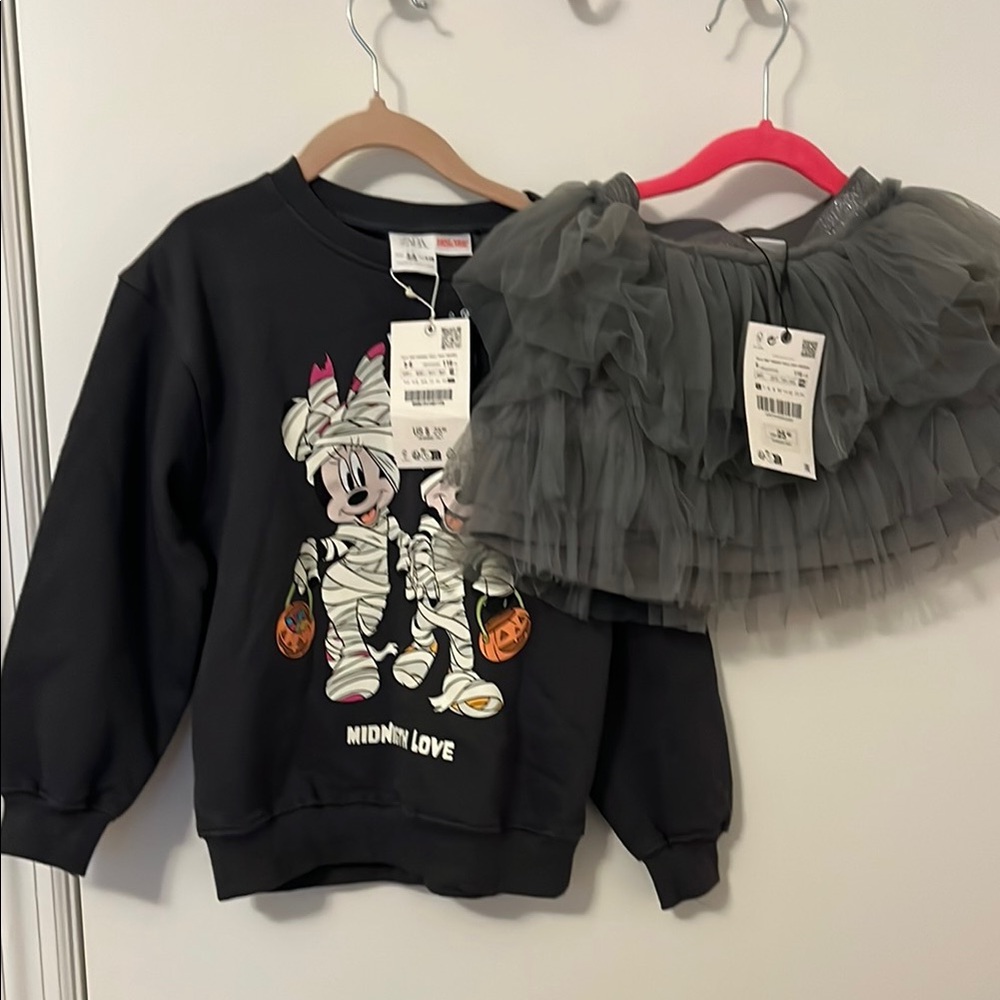 Zara Bundle Black Minnie Mouse Sweatshirt and Gray Tulle Skirt Set